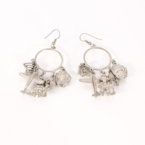 *Silver Hoop Earrings with Plane, Baseball Mitt, Music Note and More Pendents - Picture 2 of 3